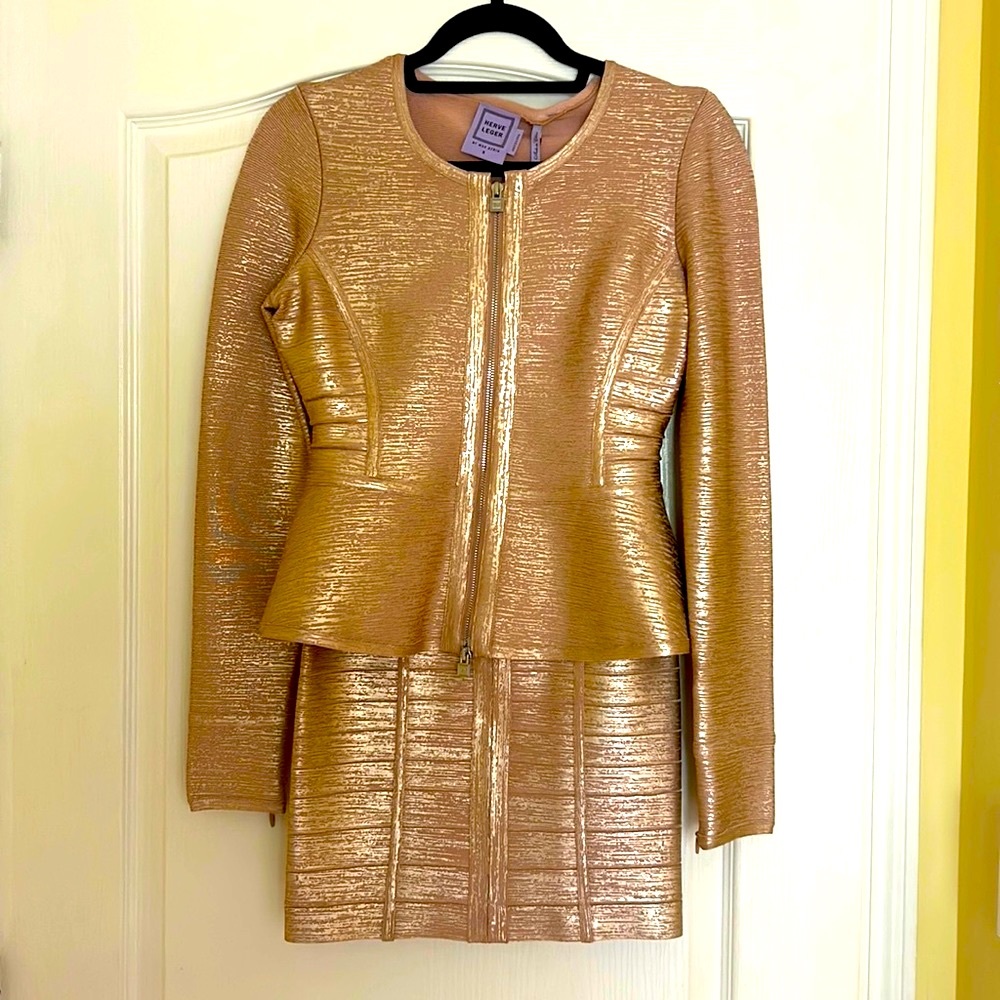 New *Herve Leger*, Jacket and Skirt Bundle, Small, Rose Gold.